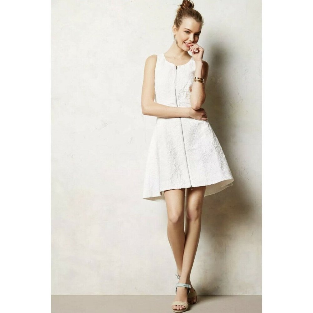 Anthropologie Leifsdottir White Dress Sz 10 Textured High Tea Asymmetrical $228